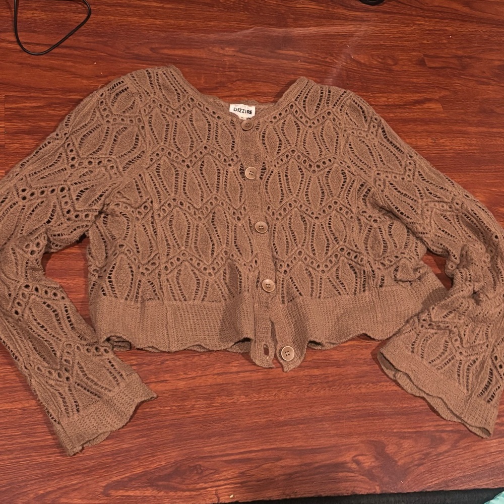 Dizzire Brown Openwork Knit Button-Front Women's Sweater